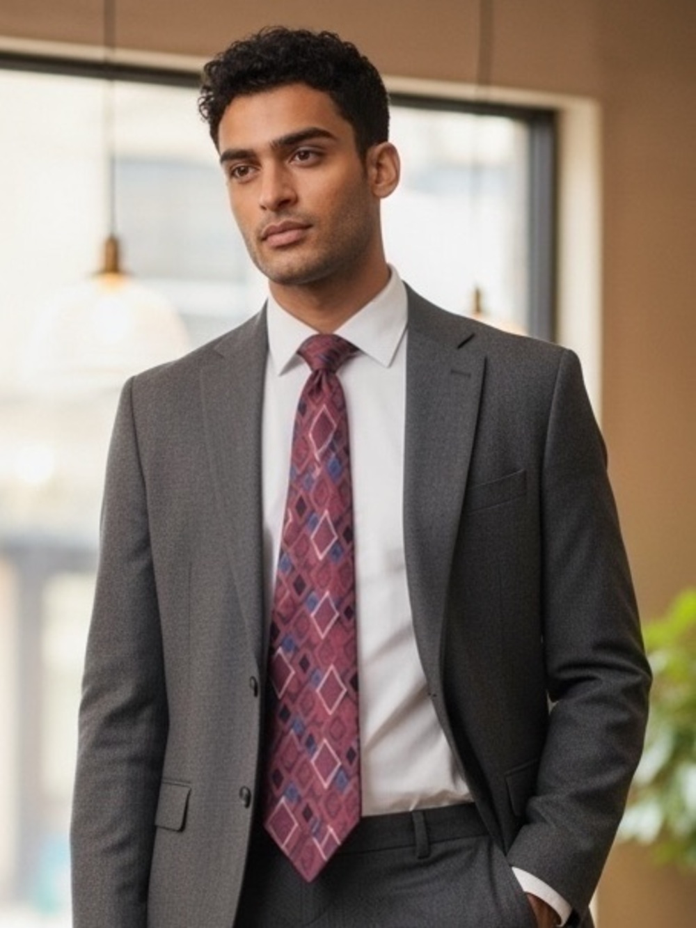 Men's Maroon Geometric Diamond Tie - Sophisticated Pattern